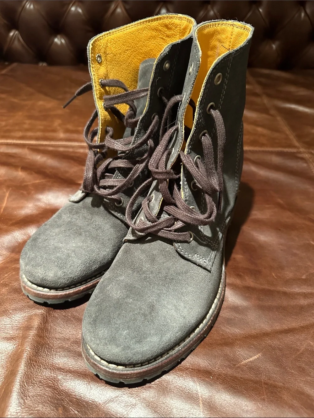 Frye Blue Gray Suede Lace-Up Ankle Boots with Yellow Interior.